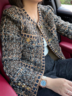 单排扣上衣 女士羊毛早秋咖啡色圆领外套长袖 罗马手工坊小香经典 款