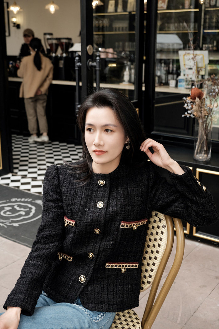 小香城堡高级手工坊黑色编织花呢女士短外套圆领长袖单排扣常规