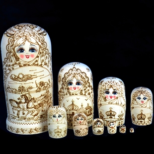 俄罗斯套娃10层原木手工烙刻儿童玩具女孩节日礼物礼品旅游纪念品