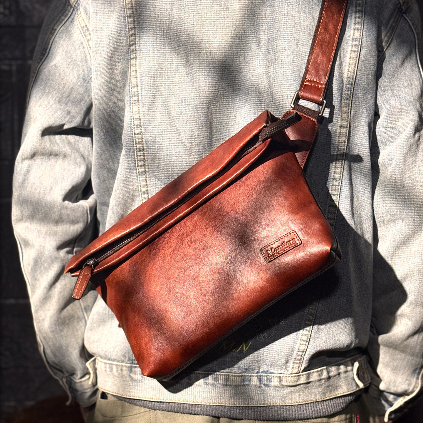 慢时光2026春季男士真皮单肩包休闲斜挎包高级感头层牛皮横款小包