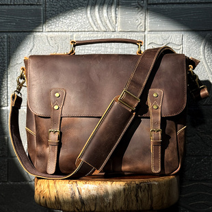 复古手提包牛皮公文包真皮单肩斜挎包男疯马皮通勤风邮差包剑桥包