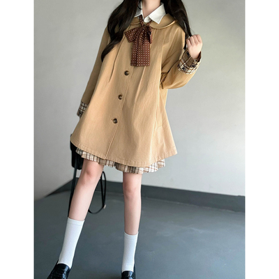 山茶】布丁熊原创JK制服学院风娃娃领中长款风衣外套百搭格裙套装