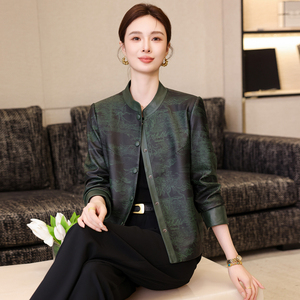 高端真皮皮衣女短款2025秋冬季新款印花中国风海宁绵羊皮外套夹克