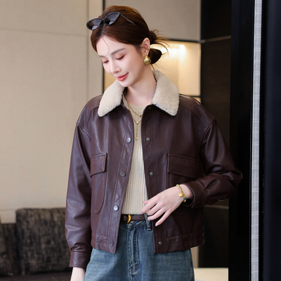 真皮皮衣女2025新款冬季羊羔毛领可脱卸绵羊皮羽绒服短款皮衣外套