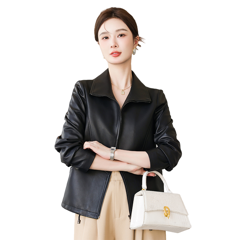 头层绵羊皮皮衣女2025春秋季新款宽松立领海宁真皮夹克外套短款
