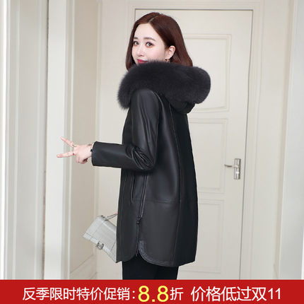 海宁真皮羽绒服女2024冬季新款狐狸毛可拆卸宽松绵羊皮外套中长款