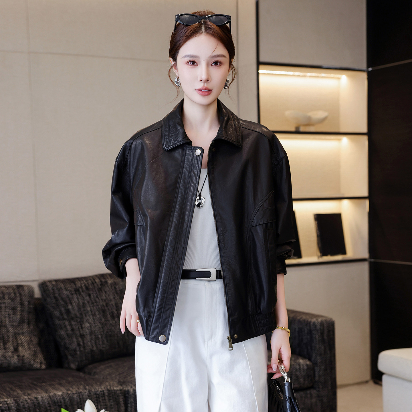 真皮皮衣女短款春秋季黑色绵羊皮夹克外套休闲宽松显瘦高级感复古