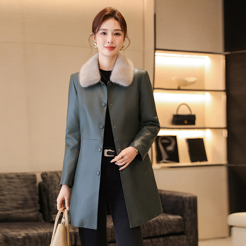 真皮羽绒服女冬季新水貂毛领可内胆拆卸修身海宁绵羊皮外套中长款