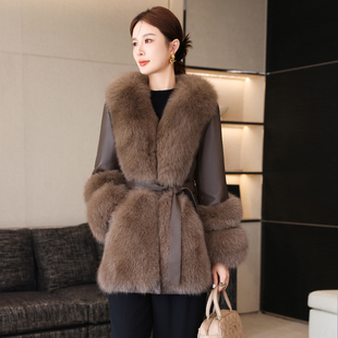 狐狸毛皮草拼接绵羊皮羽绒女冬季真皮皮衣加厚收腰外套大衣中长款