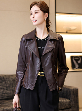 高端海宁真皮皮衣女短款2025春秋新款修身显瘦机车服皮夹克外套