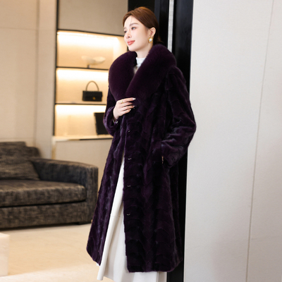 月牙水貂毛大狐狸毛领貂皮大衣新款皮草外套修身显瘦过膝长款大码