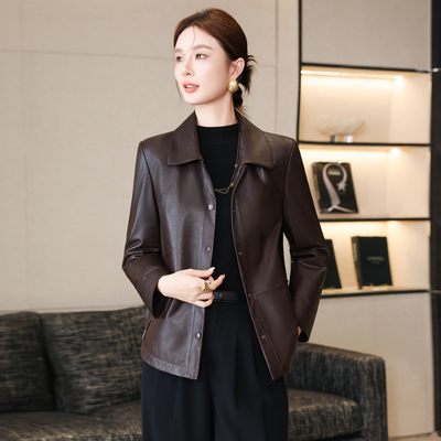 海宁女短款头层绵羊皮夹克