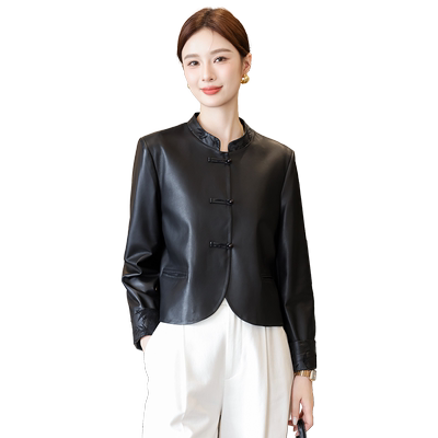 真皮皮衣女国风盘扣秋冬季新款小立领海宁头层绵羊皮夹克外套短款