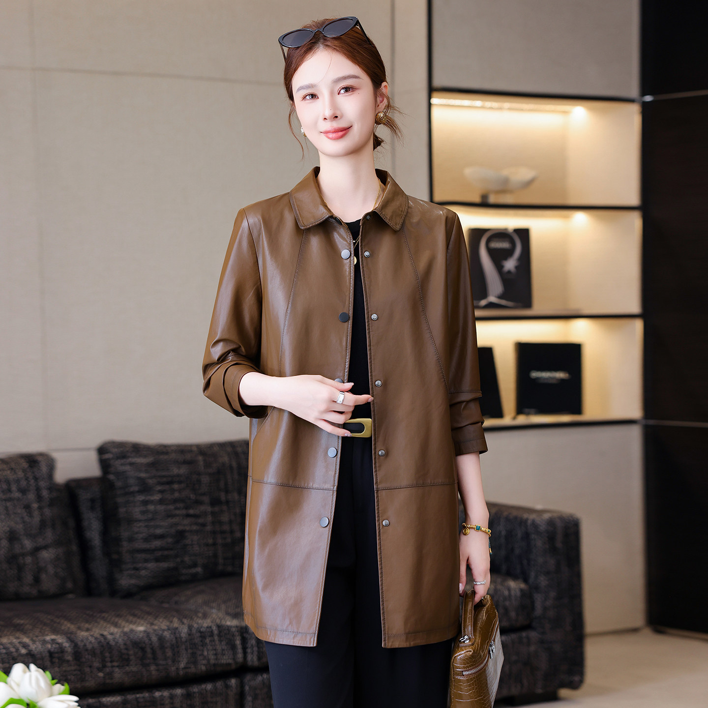 海宁真皮皮衣外套女2025春秋新款韩版显瘦植鞣高档绵羊皮风衣中长