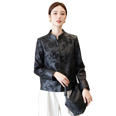 海宁头层绵羊皮真皮皮衣女短款2025春秋季新款中国风压花夹克外套