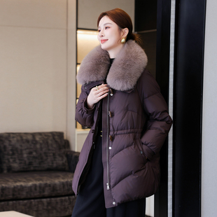 高端白鹅绒羽绒服外套女冬季宽松狐狸毛领可拆卸海宁皮草大衣中长