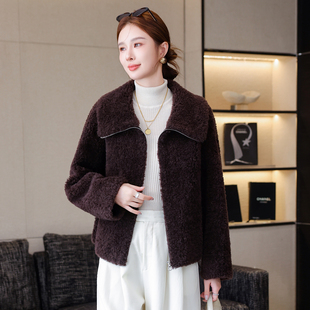 羊剪绒大衣外套女2025秋冬新款100%羊毛休闲韩版海宁皮草夹克短款