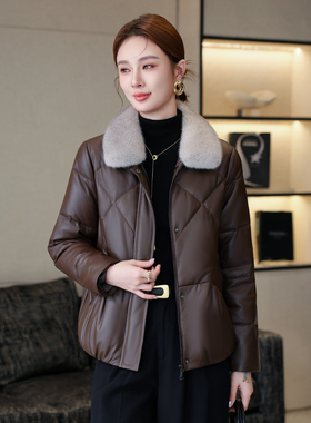 海宁皮衣女2025冬季新水貂毛领宽松百搭短款真皮羽绒服女夹克外套