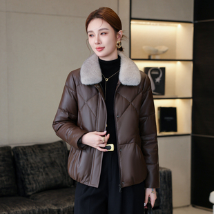 海宁皮衣女2025冬季新水貂毛领宽松百搭短款真皮羽绒服女夹克外套