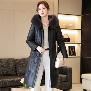 海宁真皮羽绒服女冬季新款鹅绒服修身显瘦绵羊皮皮衣外套中长款