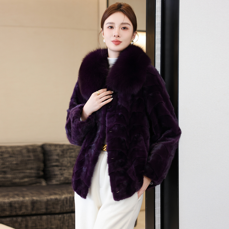 月牙水貂皮毛一体2025冬季新款海宁皮草外套狐狸毛休闲宽松短款