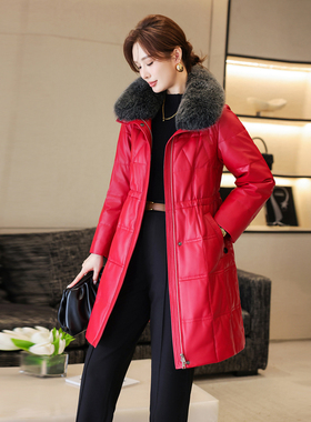 海宁真皮皮衣女羽绒服秋冬季新款修身卸绵羊皮鹅绒服外套中长款