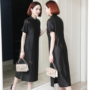 龟纹香云纱真丝连衣裙女2021年夏季新款刺绣改良旗袍桑蚕丝裙子长