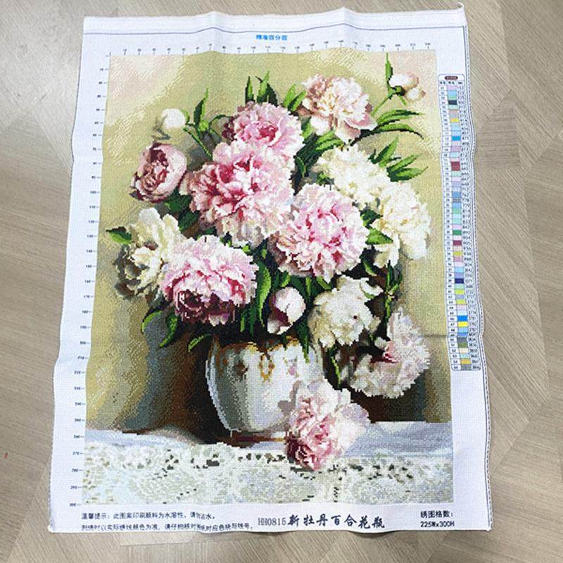 纯手工十字绣成品牡丹花百合花瓶小幅卧室简约现代欧式玫瑰花包邮,居家布艺,十字绣成品,淘宝优惠券,粉丝福利购,淘宝优惠卷