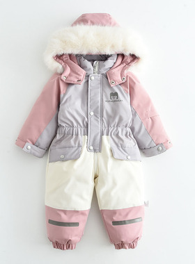 2025冬新款松紧收腰小童拼色连帽加绒加厚宝宝连体衣男女童滑雪服