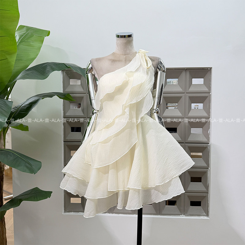 thumbnail for Summer new 2026 chic lace-up one-shoulder ruffled cascading dress, solid color Korean temperament, flowing short skirt