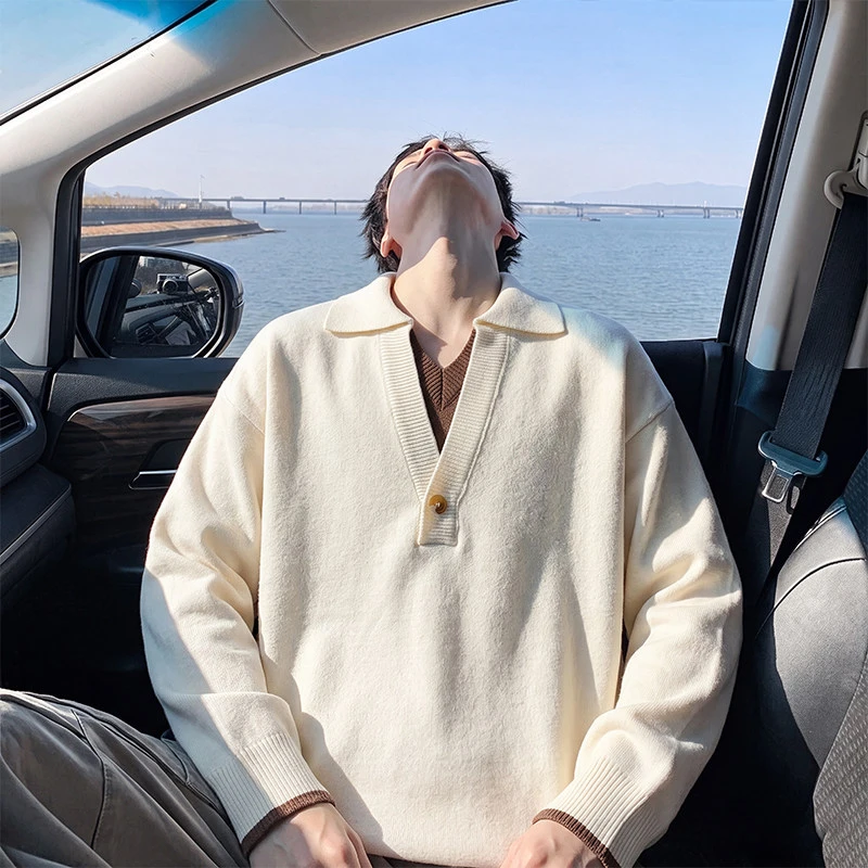老钱风翻领针织衫男2026秋冬长袖慵懒风商务休闲毛衣简约百搭上衣
