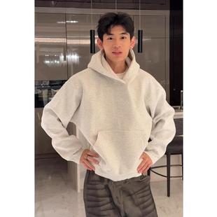加绒厚oversize外套宽松休闲套头连帽衫 高级感白灰色卫衣男秋冬季