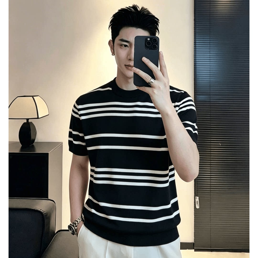 男士夏季黑白条纹短袖T恤修身图片