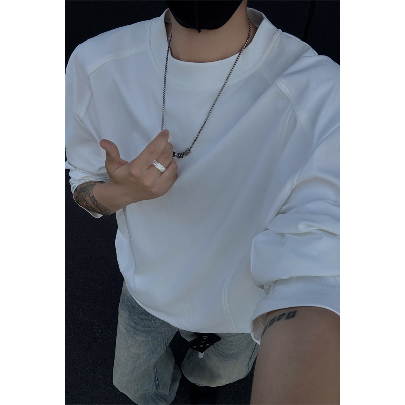 白色圆领上衣男款秋冬长袖t恤宽松休闲套头内搭保暖德绒打底衫潮