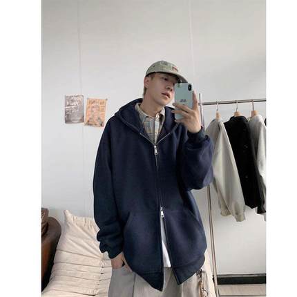 潮牌痞帅宽松休闲卫衣外套秋冬美式复古设计感小众双拉链开衫男款