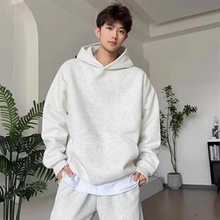 白花灰色连帽卫衣加绒加厚上衣男款重磅硬挺套头美式cleanfit外套