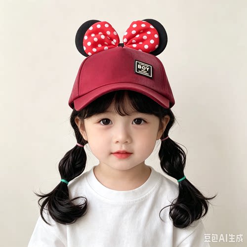 韩版儿童棒球帽子女童鸭舌帽124岁潮春秋季女宝宝辨子假发帽小孩