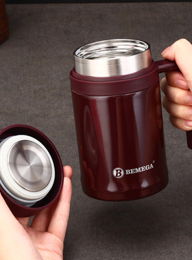 英国Bemega办公泡茶保温杯大容量316不锈钢男有手柄茶水分离杯子