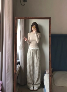 美式复古薄款蓝色格子休闲裤女夏季新款低腰宽松阔腿裤子