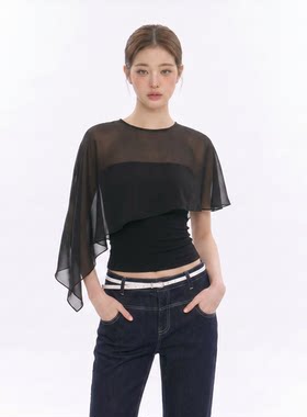 2026新款夏季女修身抹胸网纱斗篷披肩不规则背心上衣潮