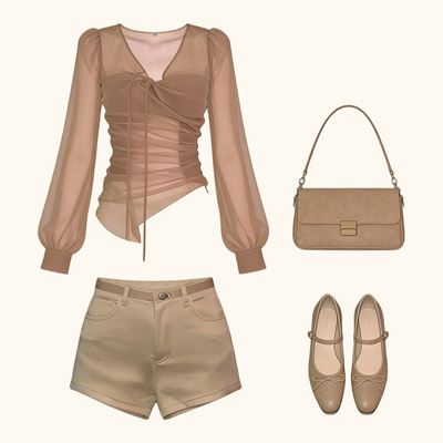 法式温柔V领不规则网纱衬衫气质长袖T恤春季新款短裤两件套