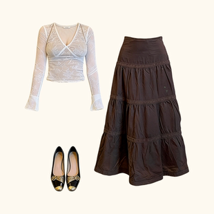 棕色蛋糕裙套装 复古显瘦蕾丝性感上衣夏季 高腰半身裙长款