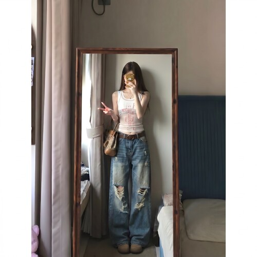 美式复古破洞小众竹节纹牛仔裤男潮牌高级感弯刀裤子情侣