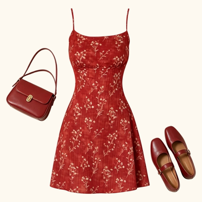 LINFANGING法式肌理感气质红色印花吊带连衣裙夏季收腰显瘦短裙