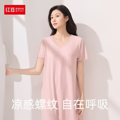 红豆QQ弹女士法式螺纹带胸垫睡裙