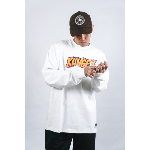 蜜丘琳国潮中国功夫KUNGFU街舞滑板说唱宽松嘻哈小领口长袖 TEE恤
