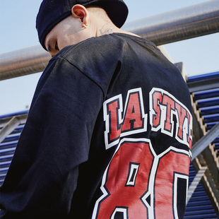 蜜丘琳80年代LA国潮嘻哈街舞BBOY滑板潮人棒球衫 TEE恤 小领口长袖