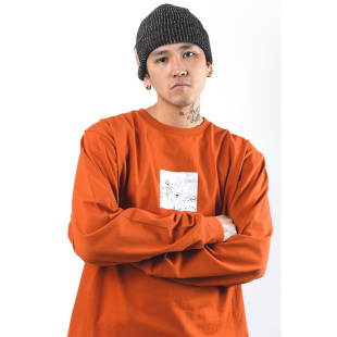 蜜丘琳国潮diamond钻石街舞嘻哈滑板说唱宽松印花小领口长袖 TEE恤