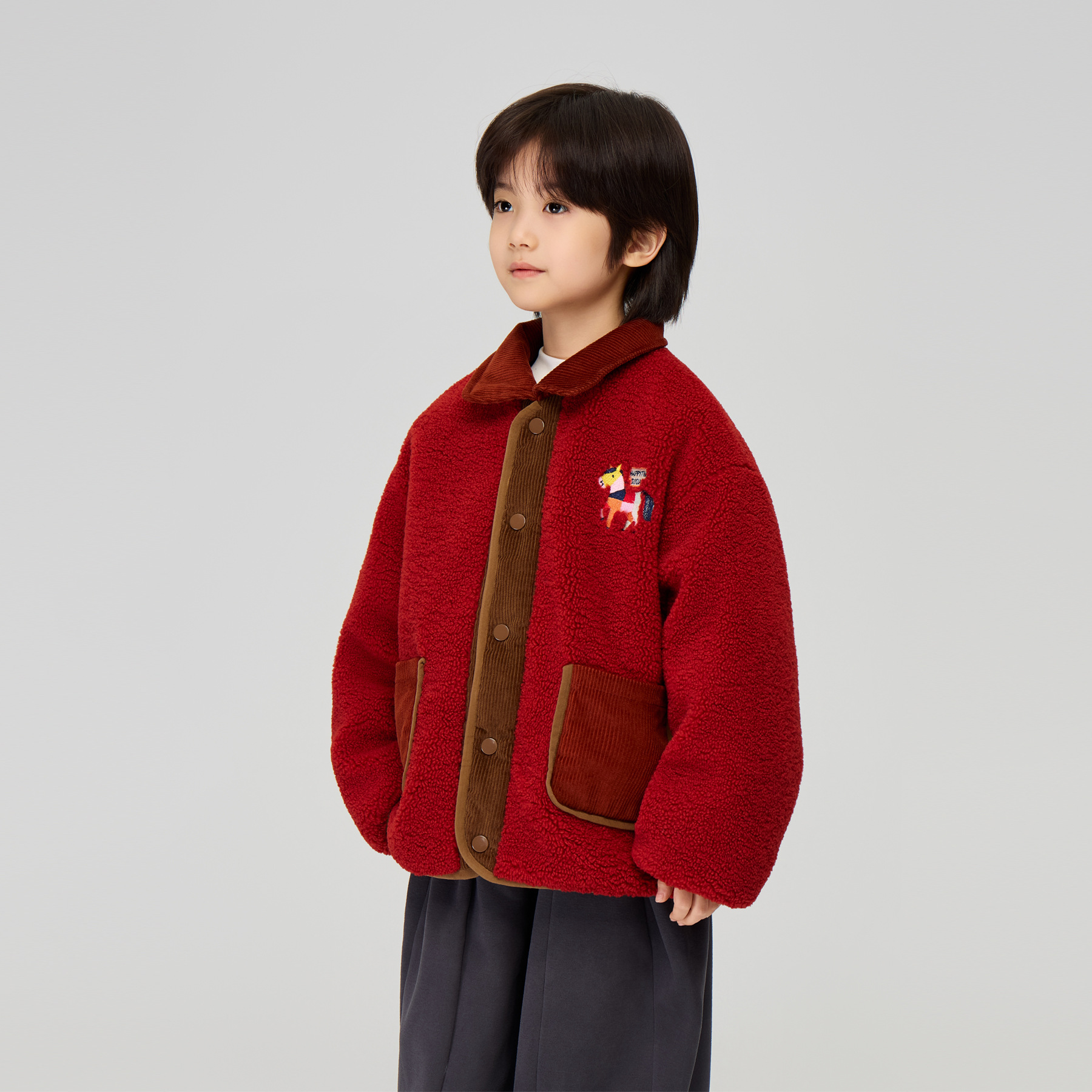 2025冬季款儿童小马刺绣保暖棉衣男女中大童喜庆新年红拜年服外套