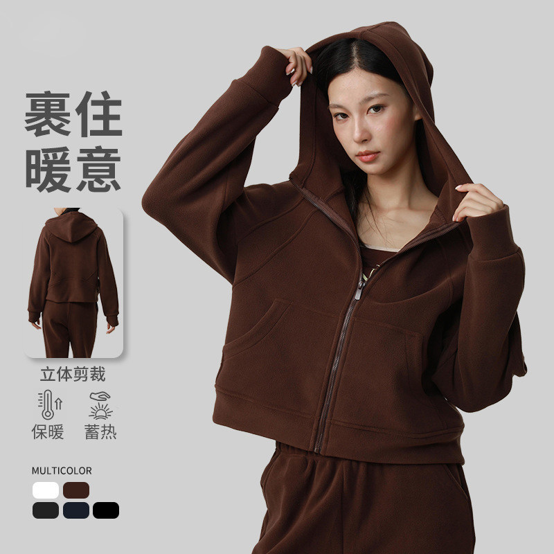 双面奥粒绒毛毛衣女连帽长袖拉链短外套秋冬加绒加厚运动休闲卫衣